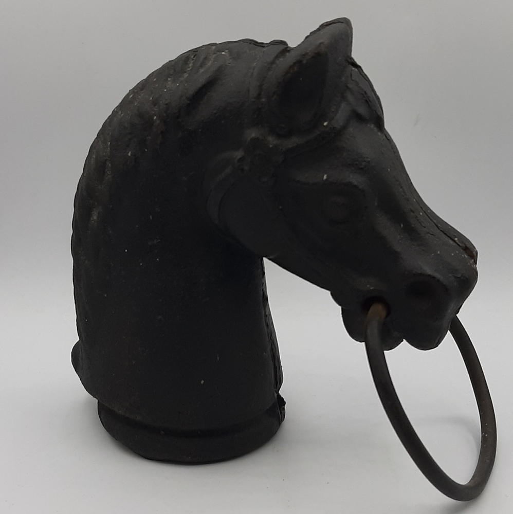 Vintage Cast Iron Horse Head Bust Hitching Post Pricked Ear Top Ring Equestiran